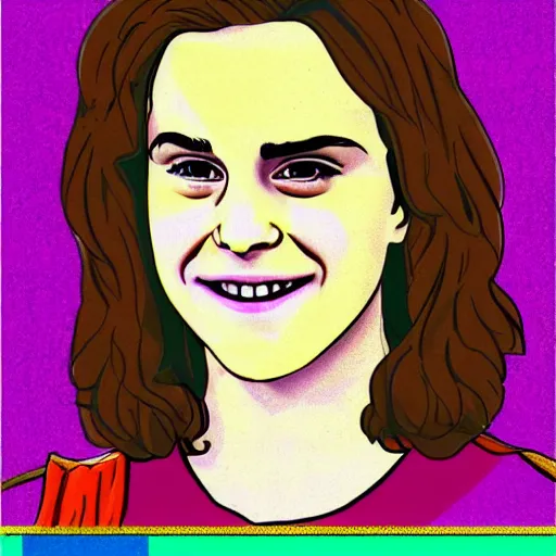 Image similar to rainbow smiling happy emma watson age 1 7 as hermione. pop art.