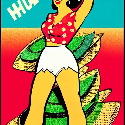 Image similar to hula girl. 1 9 5 0 s advertising illustration by gil evgren, flat color, halftone print.