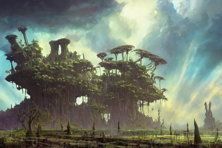 Image similar to scifi illustration, skull palace, baobab trees in distance, storm clouds on horizon, by rodney matthews, wadim kashin, morgan weistling, earle bergey, tyler edlin, alex schomburg, allen anderston, basil gogos, carl spitzweg