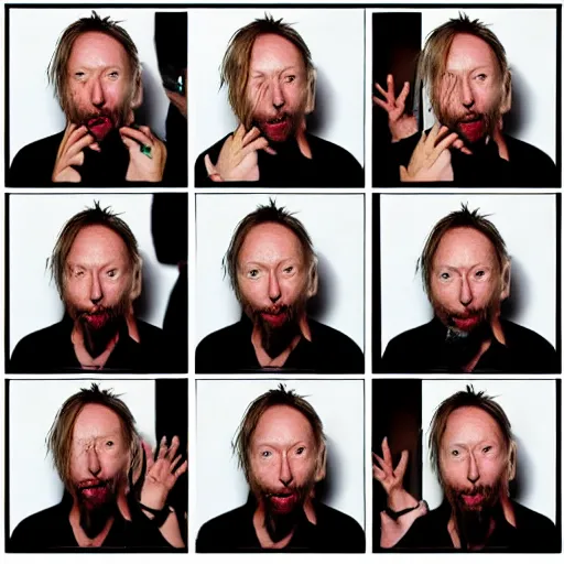Prompt: photobooth prints of random thom yorke versions on a table, hyper realistic, many very random variations of thom yorke, various emotions, various poses, high quality photographs, mixed styles, intricate details, diverse