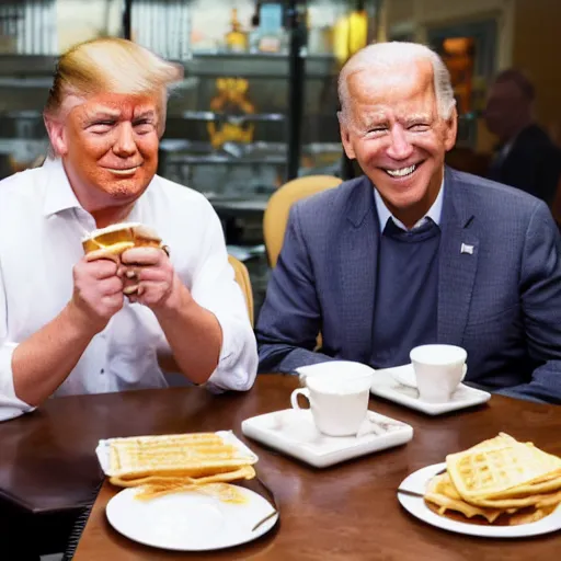 Image similar to photograph of trump and Biden sitting and eating breakfast at a Wafflehouse