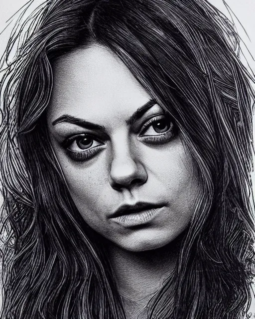 Image similar to mila kunis, black ink on paper, trending on artstation, beautiful, intricate, detailed