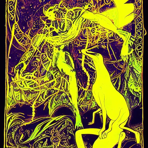 Prompt: ornate fluorescent yellow, fluorescent by margaret modlin, by walter ernest webster, by pascale campion. a photograph of hercules after he has completed one of his twelve labors, the killing of the hydra. he is standing over the dead hydra, covered in blood clutching a sword that slew the beast. his face is expressionless.