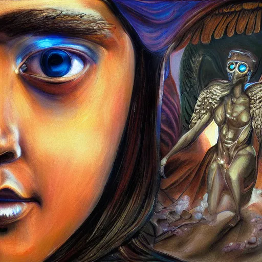 Image similar to Wheels within wheels with eyes, biblically accurate angel, ezekiel, hyperrealistic painting, cyberpunk