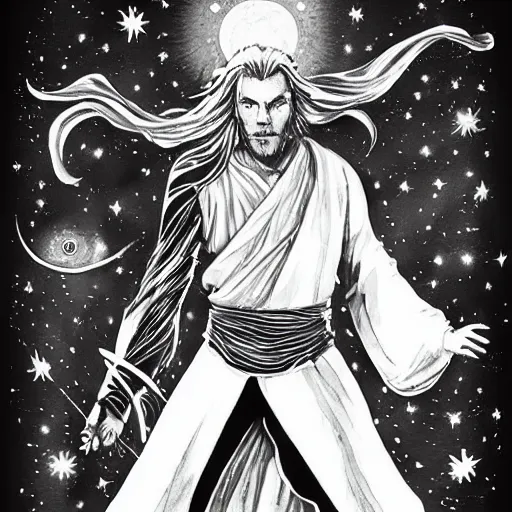 Image similar to black and white pen and ink!!!!!!! Ewan McGregor wearing cosmic space robes made of stars final form flowing royal hair golden!!!! Vagabond!!!!!!!! floating magic swordsman!!!! glides through a beautiful!!!!!!! Camellia flower battlefield dramatic esoteric!!!!!! Long hair flowing dancing illustrated in high detail!!!!!!!! by Moebius and Hiroya Oku!!!!!!!!! graphic novel published on 2049 award winning!!!! full body portrait!!!!! action exposition manga panel black and white Shonen Jump issue by David Lynch eraserhead and beautiful line art Hirohiko Araki!! Rossetti, Millais, Mucha, Jojo's Bizzare Adventure