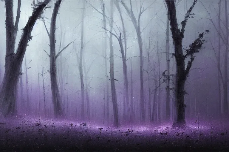 Prompt: dark and spooky painting of a forest dimly lit at night with tiny purple morning glory flowers trailing at the base of trees. foggy cinematic volumetric darkness, muted colour palette, detailed oil painting on canvas kazuo oga, makoto shinkai