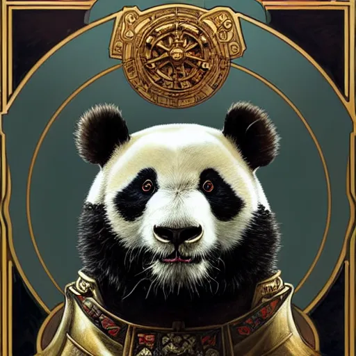 Image similar to full portrait of warhammer 4 0 k panda, fantasy, d & d, intricate, detailed, by by alphonse mucha, adolfo hohenstein, alice russell glenny, stanley artgerm lau, greg rutkowski, detailed, trending on artstation, trending on artstation, smooth