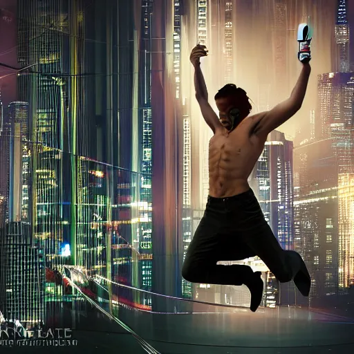 Prompt: Ultra realistic full shot of a male model boisterously dancing around the room by himself holding an empty wine bottle as he jumps in the air, cyberpunk, sci-fi, fantasy, Kodak colour led, soft light, volumetric lighting ,night, intricate, elegant, highly detailed, digital painting, artstation, concept art, smooth, sharp focus, illustration, art by artgerm and greg rutkowski and alphonse mucha