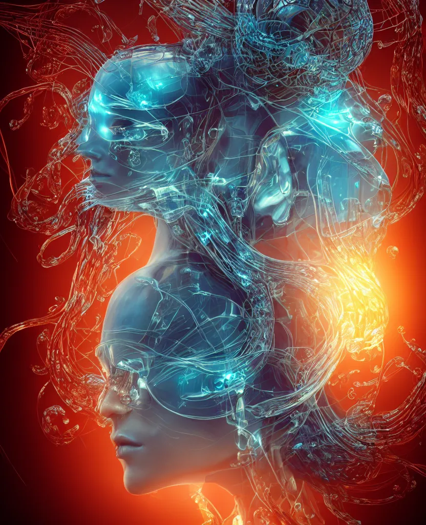 Image similar to close-up macro portrait of the face of a beautiful princess, epic angle and pose, symmetrical artwork, 3d with depth of field, blurred background, cybernetic jellyfish female face skull phoenix bird, translucent, nautilus, energy flows of water and fire. a highly detailed epic cinematic concept art CG render. made in Maya, Blender and Photoshop, octane render, excellent composition, cinematic dystopian brutalist atmosphere, dynamic dramatic cinematic lighting, aesthetic, very inspirational, arthouse. y Greg Rutkowski, Ilya Kuvshinov, WLOP, Stanley Artgerm Lau, Ruan Jia and Fenghua Zhong