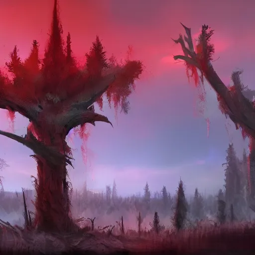Prompt: Decimated forest+red sky+ the most darkest and horrible thing we have ever seen+artstation+concept art