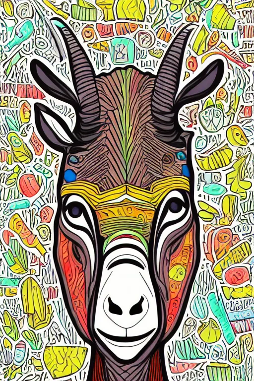 Image similar to Portrait of a goat that is a drug addict, sticker, andromorphic, colorful, illustration, highly detailed, simple, smooth and clean vector curves, no jagged lines, vector art, smooth