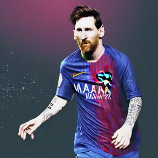 Image similar to messi playing soccer, cyberpunk aesthetic, 4 k, high - res, highly - detailed