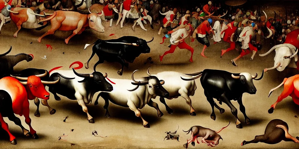 Image similar to the running of the bulls in pamplona, hundreds of people are fleeing from rampaging bulls in the city streets, art by hieronymus bosch, intricate, elegant, highly detailed, smooth, sharp focus, artstation