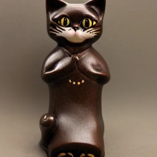 Prompt: demure anthropomorphic cat figurine wearing a kimono, brown resin, highly detailed, intricate, monotone