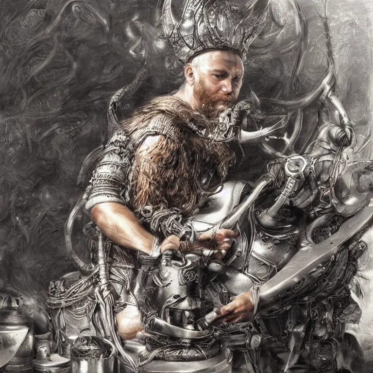 Prompt: mythological Viking Shaman of artificial intelligence creating an artificial neural network with synapses on an anvil, high resolution, award winning art, trending on art station, sharp image, incredibly detailed, detailed character realistic painting, painting by peter paul rubens