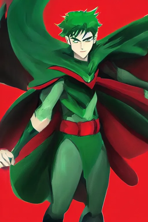 Prompt: an original character with dark green cape and red belt, concept art, anime art