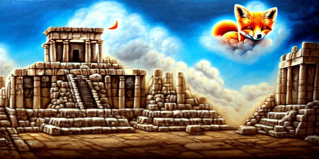 Image similar to illusion painting hidden temple in negative space in the clouds : an adorable small fox in the huge ruins of the second temple in jerusalem. a new temple is hiding in the dreamy clouds above. a hooded bearded old man in a brown tunic laughing, colorful 8 k, art station, intricate superb details, digital art, illusion painting hidden image.