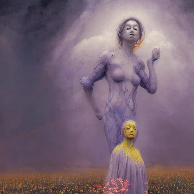 Image similar to A portrait of a woman wearing clothes made out of thunder clouds and flowers, hundreds of people floating still in air, apocalypse, yellow skin, Masterpiece, glowing, wires everywhere, by Edgar Maxence and Ross Tran, Zdzisław Beksiński, and Michael Whelan, distant, gustav dore, H.R. Giger, 8k, octane render