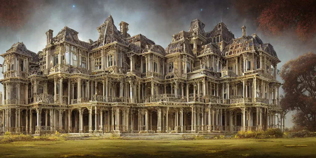 Prompt: a geometrically accurate painting of a late Victorian mansion designed by Joseph Paxton, illustration by Peter Mohrbacher and Peter Gric