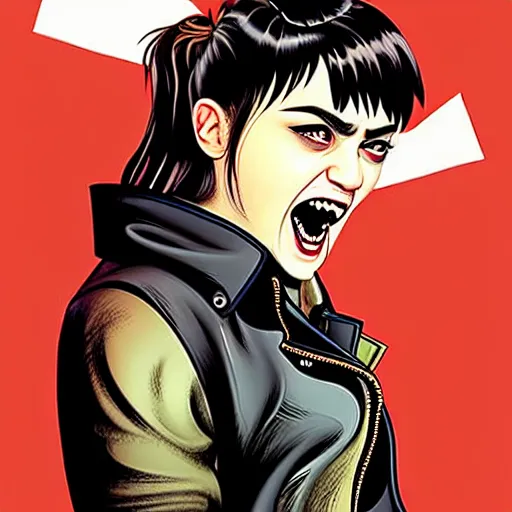 Prompt: Rafael Albuquerque comic art, beautiful female vampire Maisie Williams, mouth open smile sharp vampire teeth, leather jacket, symmetrical face, long hair, long sharp fingers claws, full body