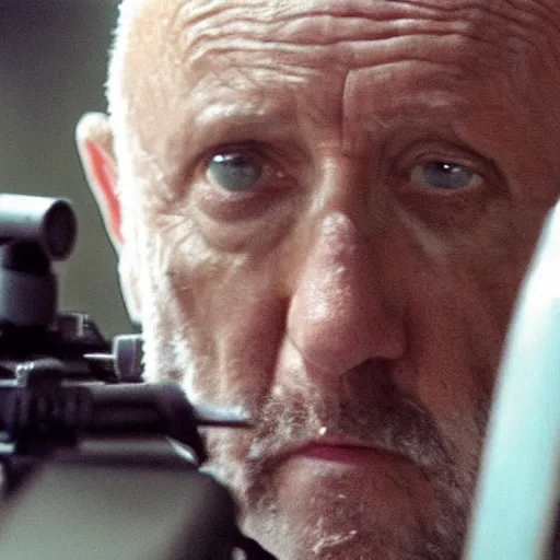 Image similar to Film still of Mike Ehrmantraut aiming a !!!sniper rifle!!!, 4k, !!highly detailed!!