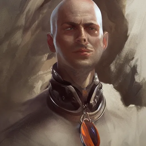 Prompt: a head - on detailed oil portrait of a young handsome round - faced smiling bald man, by charlie bowater, lise deharme, wlop, trending on artstation, dungeon and dragons art, critical role