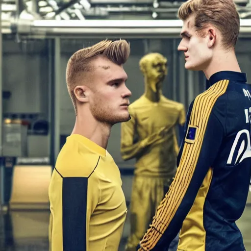 Image similar to a realistic detailed photo of a guy who is an attractive humanoid who is half robot and half humanoid, who is a male android, soccer players martin ødegaard & timo werner, shiny skin, posing like a statue, blank stare, in a factory, on display, showing off his muscles, gold soccer shorts, side view, looking at each other mindlessly