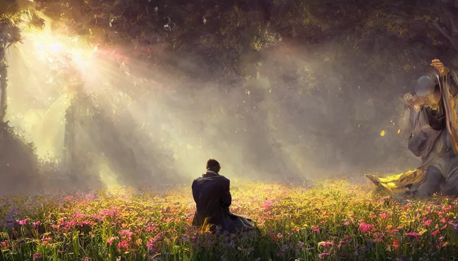 Image similar to craig mullins digital illustration of a man in robes kneels and prays in a field of flowers, the sun's holy light shines down upon him, colorful, solarpunk, unreal engine, hyper realism, realistic shading, cinematic composition, realistic render, octane render, detailed textures, photorealistic, wide shot