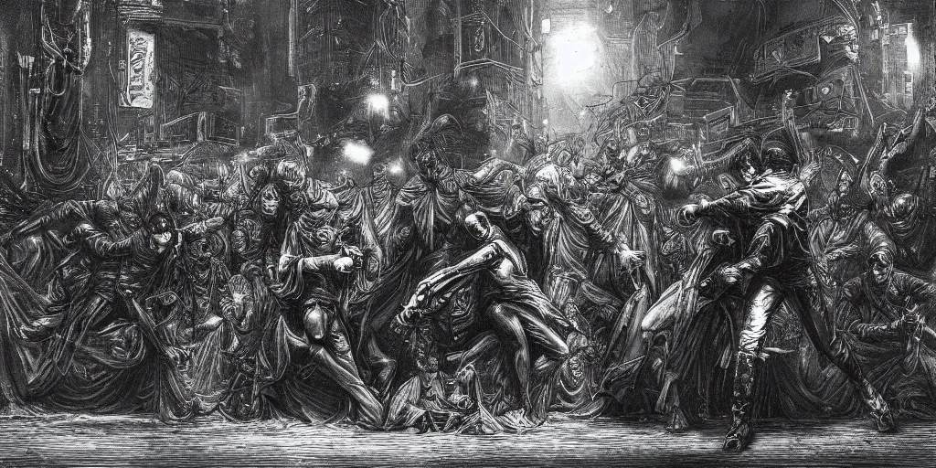 Image similar to A cyberpunk scene from the Matrix as drawn by Gustave Doré with Neo fighting a thousand agents Smith in bullet time