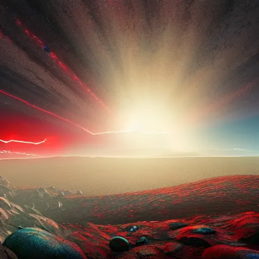 Prompt: a strange alien landscape, realistic, rocky, red and blue, blue particles, strange red particles, strange, alien - - style, realistic, landscape, depth, movie lightning, realistic epic shaders, landscape