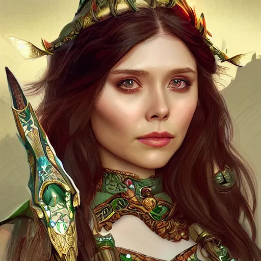 Image similar to Elizabeth Olsen as a elf archer, cute, fantasy, intricate, elegant, highly detailed, centered, digital painting, artstation, concept art, smooth, sharp focus, illustration, art by artgerm and H R Giger and alphonse mucha