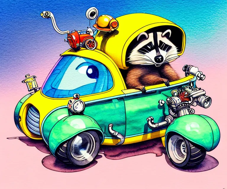 Image similar to cute and funny, racoon wearing a helmet riding in a tiny hot rod with oversized engine, ratfink style by ed roth, centered award winning watercolor pen illustration, isometric illustration by chihiro iwasaki, edited by range murata, tiny details by artgerm and watercolor girl, symmetrically isometrically centered and focused