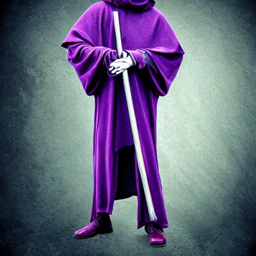 Image similar to grim reaper, purple cloak, full body, scythe