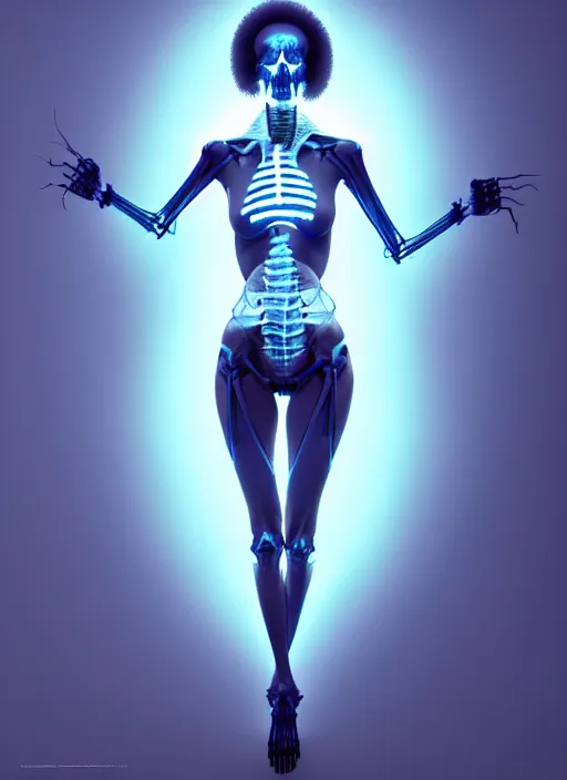 Image similar to female posing sensual figure x - ray, skeletal, glowing veins under translucent skin, highly detailed skin, bioluminescent, plasma, greg rutkowski, 8 k trending on artstation,