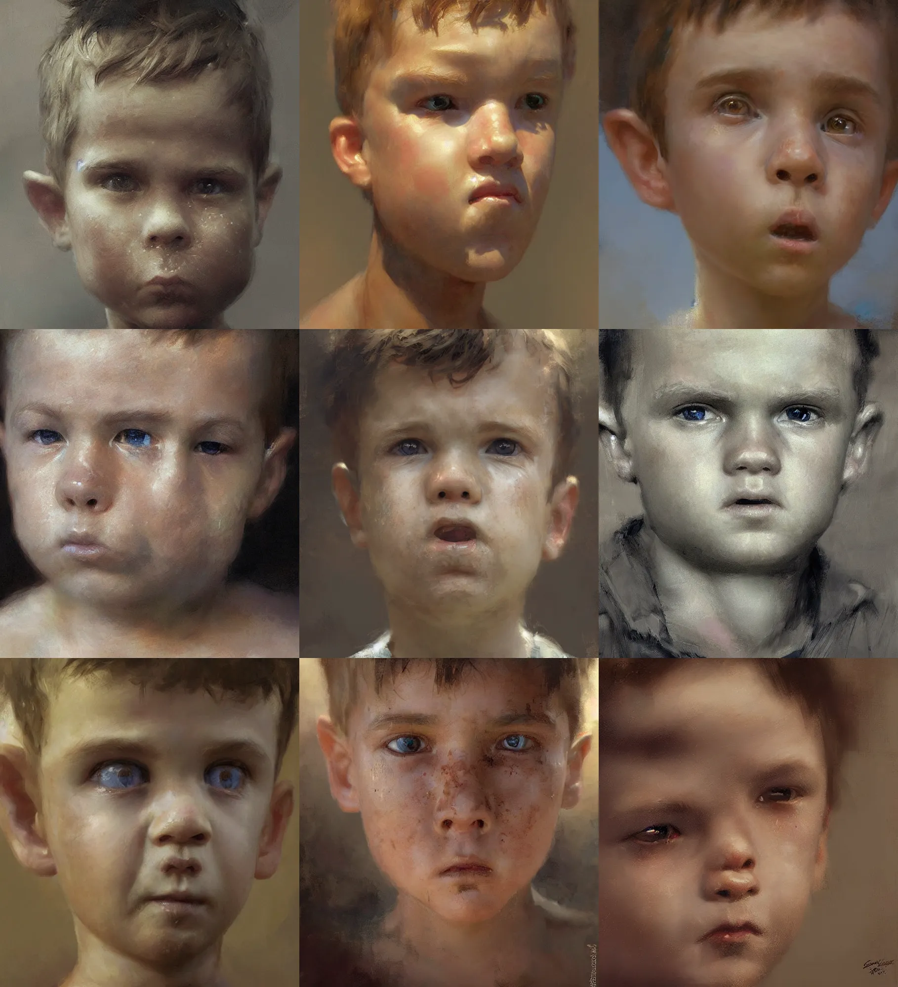 Prompt: digital art painting of a young boy with thinking and surprised face expression painted by craig mullins and gaston bussiere and greg rutkowski, symmetrical facial features, symmetrical face, defined facial features, dramatic lighting, close up