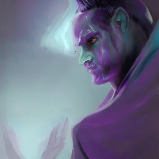 Image similar to male djinn an demon on the verge of death, warlock, portrait, concept art, purple cloak, single face, illustration, white spiral horns, realism, hyperrealism, trending on artstation, Charlie Bowater, WLOP