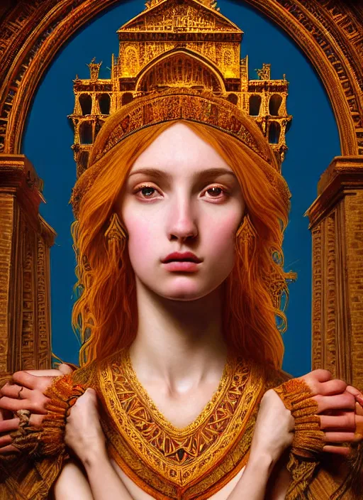 Prompt: portrait of a beautiful young goddess' face merging with a cathedral building, unusual beauty, etheric, outworldly colours, emotionally evoking symbolic metaphors, head in focus, fantasy, ornamental, intricate, elegant, highly detailed painting atyle photo, artstation, concept art, painterly, golden ratio, sharp focus, illustration, art by John William Godward and Zdzisław Beksiński, Antonio Mora,
