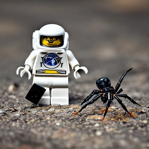 Image similar to lego astronaut with real live spider ( eos 5 ds r, iso 1 0 0, f / 8, 1 / 1 2 5, 8 4 mm, postprocessed, bokeh )