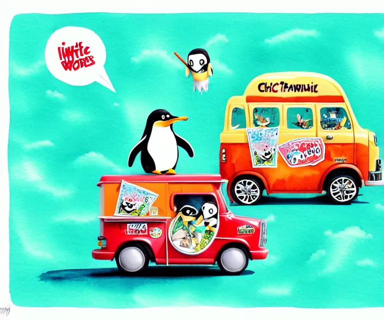 Prompt: cute and funny, penguin riding in a tiny ice cream truck, ratfink style by ed roth, centered award winning watercolor pen illustration, isometric illustration by chihiro iwasaki, edited by craola, tiny details by artgerm and watercolor girl, symmetrically isometrically centered