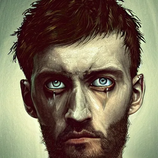 Image similar to HD photorealistic portrait of Alasdair 'Balor' Quinn, a 33-year old man with short cropped hair and a square jaw. Has a goetic aesthetic. Alasdair is a modern day warlock and psychonaut of the Mastigos Path. portrait by Annie Liebovitz, Jason Harkness, and Carlos Samuel Araya,