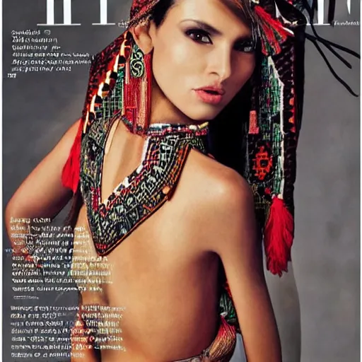 Prompt: a page of a high - end female fashion magazine, ancient aztec fashion, full body photo of a gorgeous aztec supermodel modeling the latest ancient aztec fashion, high resolution scan of aztec fashion catalog