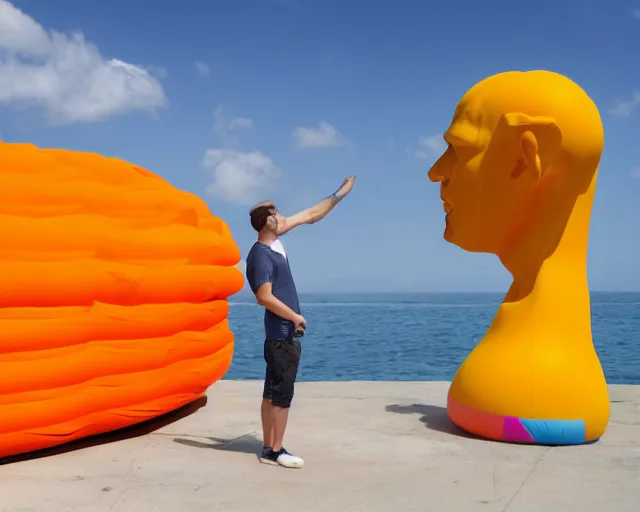 Image similar to a giant sculpture made out of inflatable pool toys in a human head shape, on the surface of the ocean, in the style of chad knight, long shot, hyper detailed, hyper realistic, ray tracing, 8 k resolution, sharp focus, realistic water, award winning sculpture