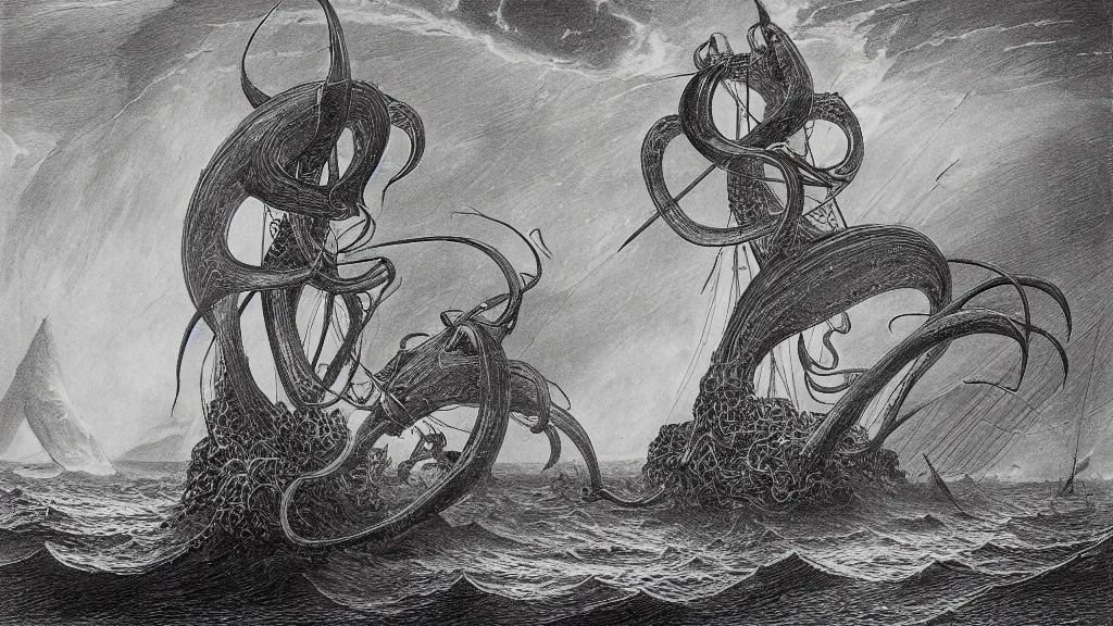 Image similar to drawing of one giant squid attacking one submarine, by gustave dore, nineteenth century, black and white, vintage, science fiction, epic composition, dramatic lighting, highly detailed, cinematic