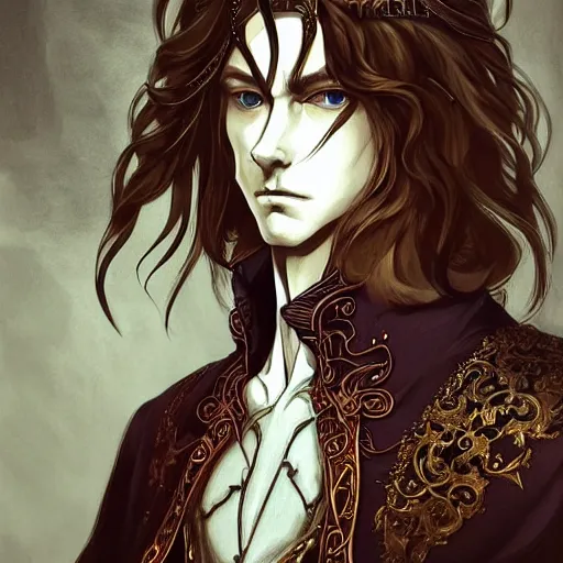 Prompt: portrait of a king, baroque style, elegant, beautiful, mesmerizing, concept art, fancy clothing, highly detailed, artstation, behance, deviantart, inspired by innocent manga, inspired by castlevania concept art, trending, ayami kojima, shinichi sakamoto