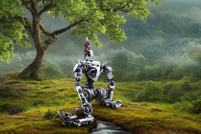 Image similar to professional photo of highly-detailed robot sitting cross-legged with its head pointing down realizing he is the last robot in existence, on a small hill, in a fantasy forest with blooming trees and surrounded my wildlife, river flowing beside the robot, 4k, highly detailed, Unreal Engine