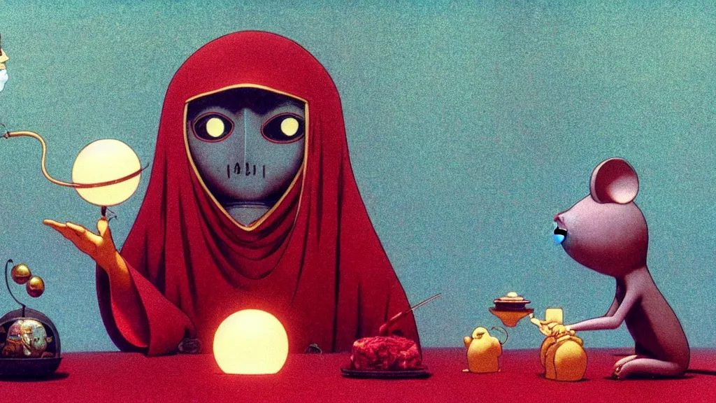 Prompt: an automata fortune teller wearing a mask telling a fortune to a mouse in a red velvet lounge with a crystal ball, anime film still from Studio Ghibli movie with art direction by Zdzisław Beksiński, wide lens