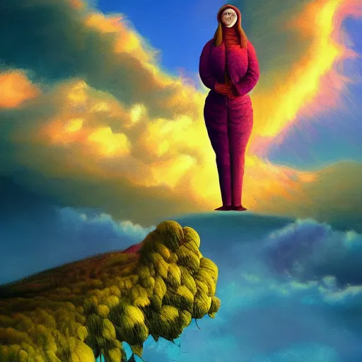 Image similar to giant flower head, frontal, woman standing on mountain, surreal photography, sunrise, colorful clouds, impressionist painting, digital painting, artstation, rob gonsalves