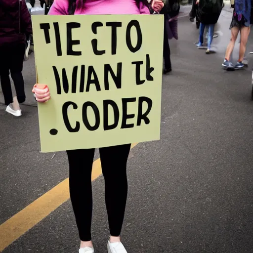 Image similar to A woman holding a sign that says