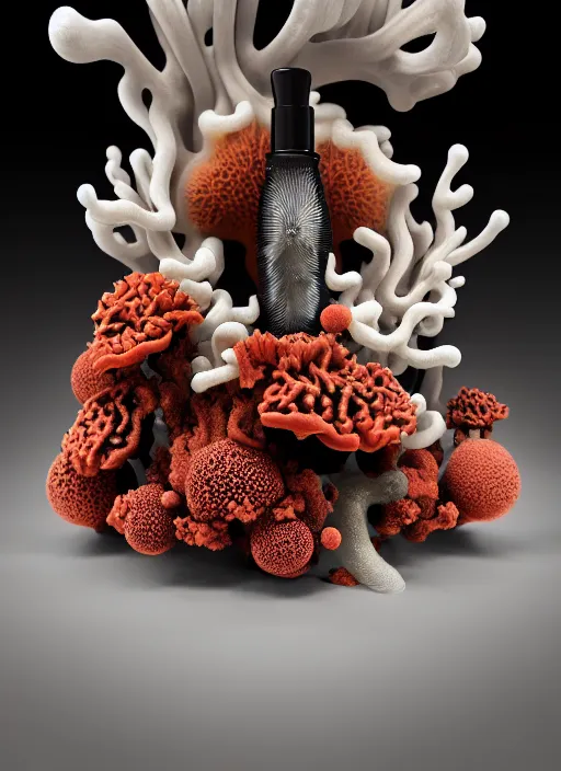 Image similar to perfume bottle standing in a miniature biomechanical black enchanted coral kingdom made of corals, mushrooms, puffballs, rhizomorphs in an ivory room well contoured smooth fair walls, up close shot, sharp focus, global illumination, radiant light, alexandre ferra white mecha, irakli nadar, octane highly render, 4 k, ultra hd,