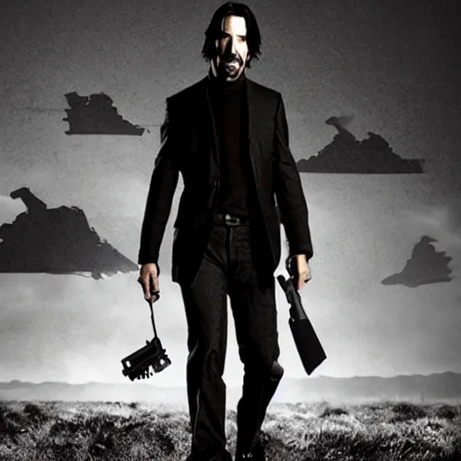 Prompt: keanu reeves stands victorious and alone on a battlefield of dead machines, dark, brooding, apocalyptic